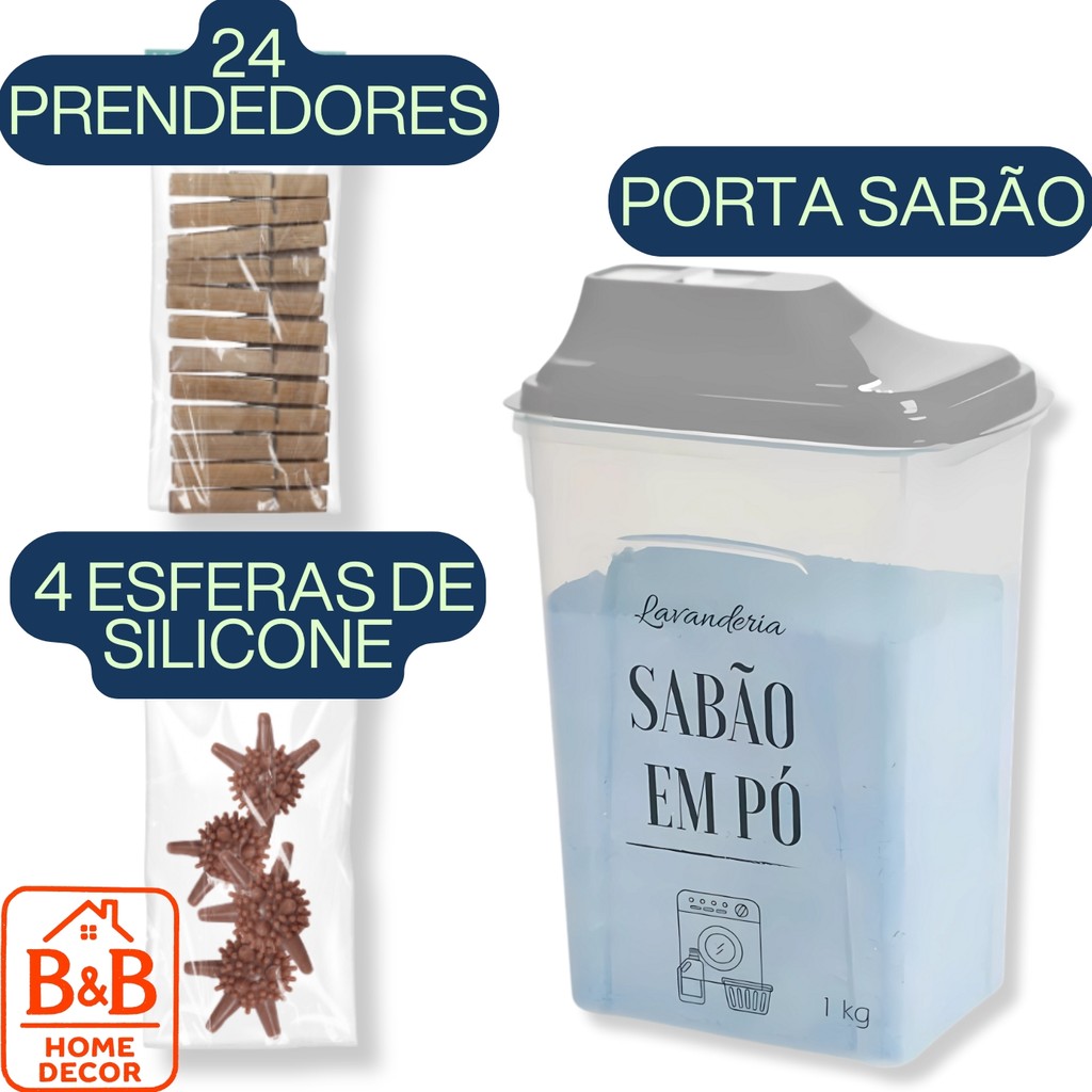 Super Kit Lavanderia B&B: Porta Sabão + 24 Prendedores Bambu + 4 Esferas Máquina