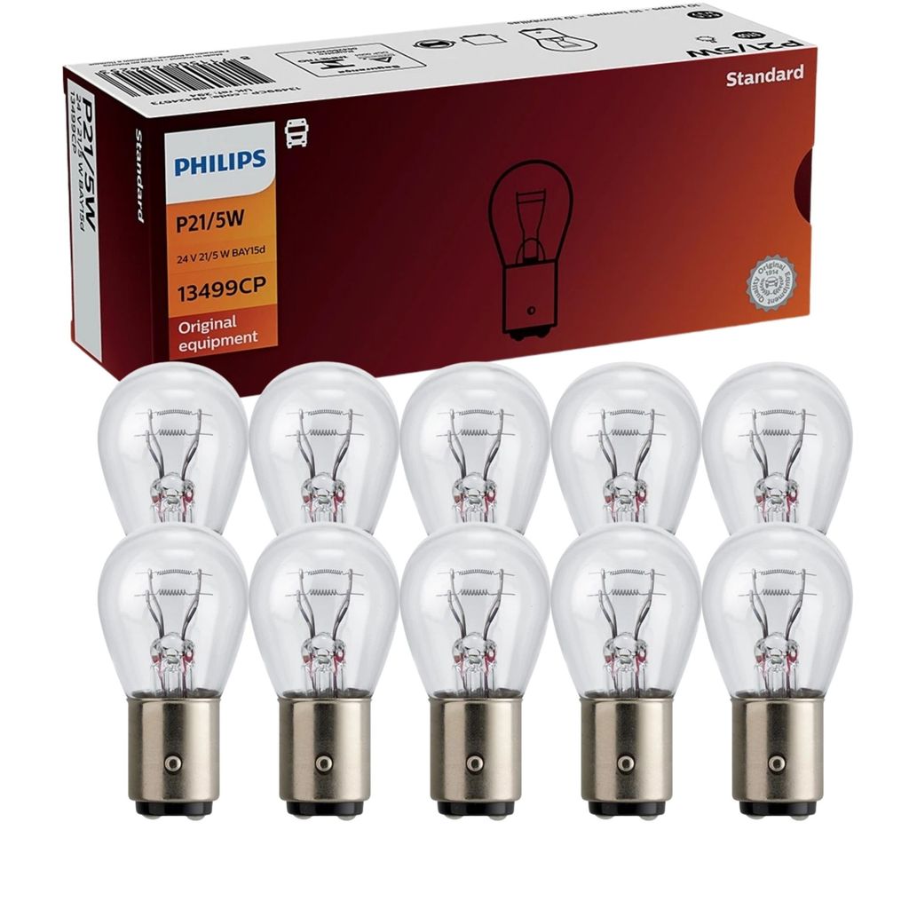 KIT 10 LÂMPADAS PHILIPS P21/5W 2 POLOS STANDARD ORIGINAL LUZ DE FREIO CAMINHÃO 24V