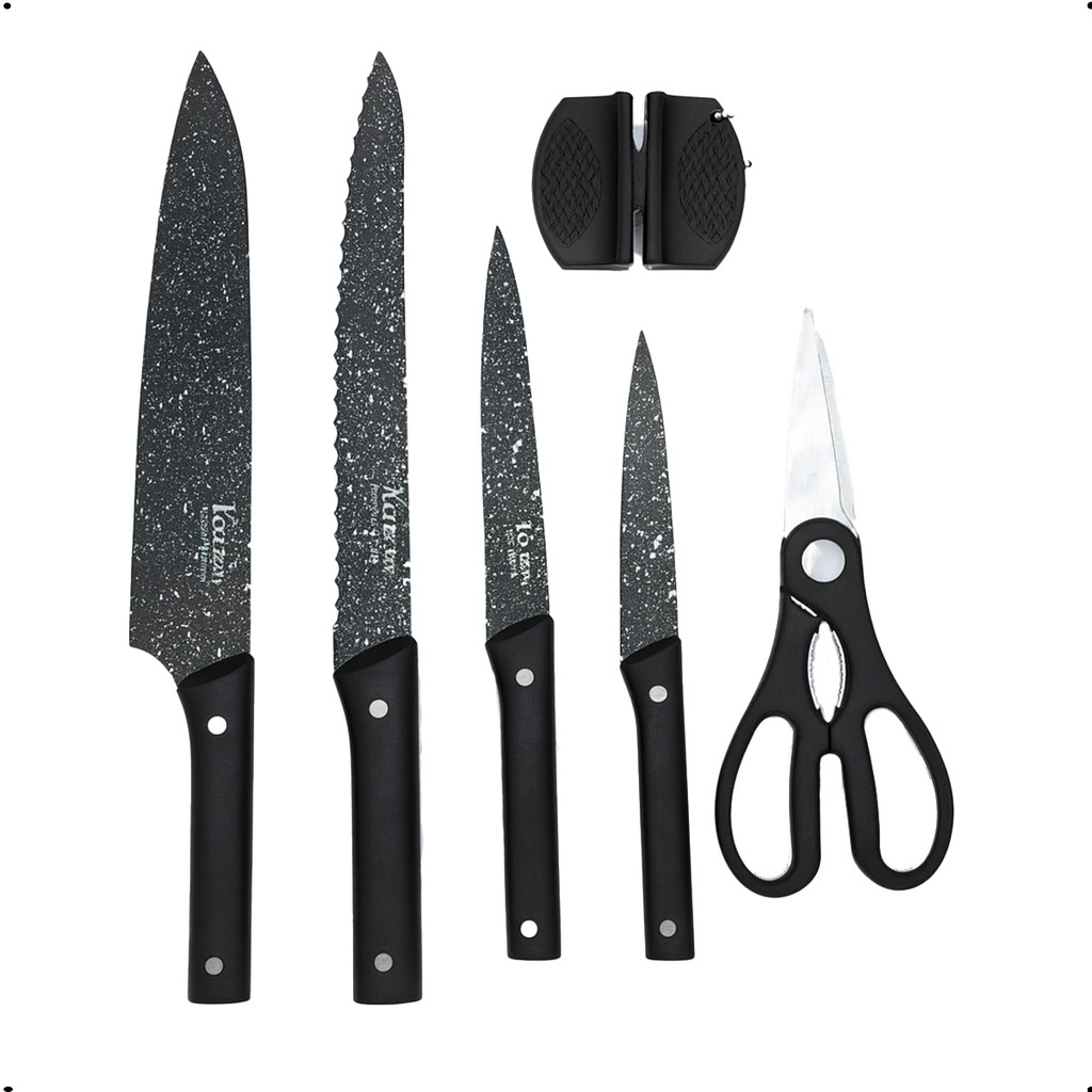Kit com 4 Facas + Tesoura + Afiador - Conjunto Completo de Cozinha, Uso Profissional ou Diário
