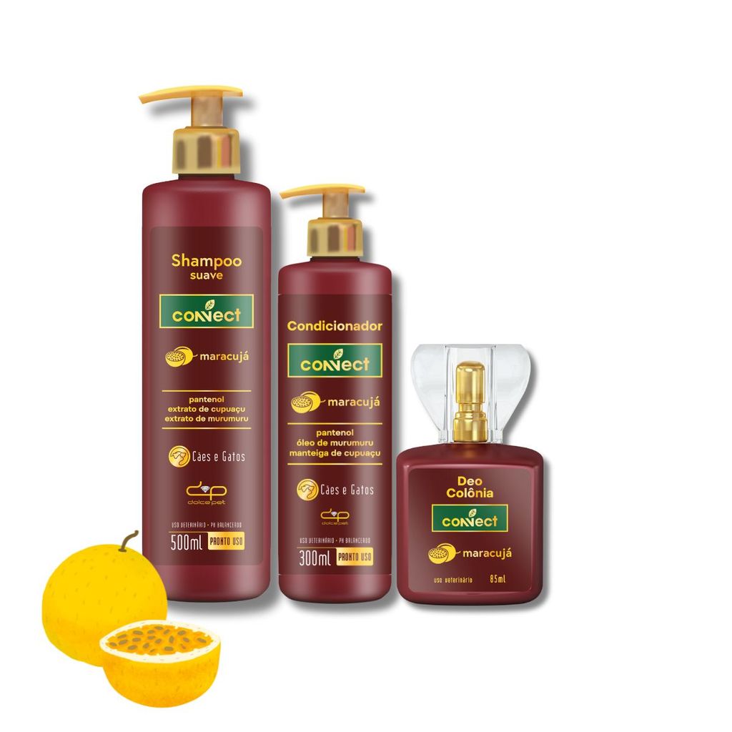 Kit Shampoo Suave Condicionador e Perfume Connect Dolce Pet Cães Gatos Maracujá