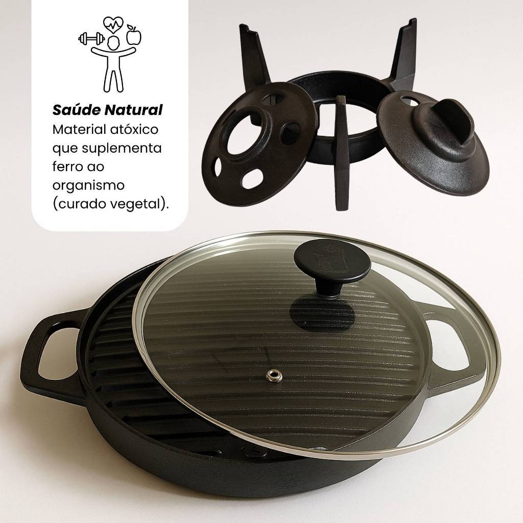 Panela de Ferro Fundido com Fogareiro Tampa Vidro Ideal para Churrasco e Rechaud