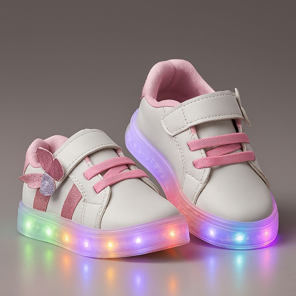 Tenis Infantil Com Led Meninas Borboleta Glitter Acende Pisca Lançamento