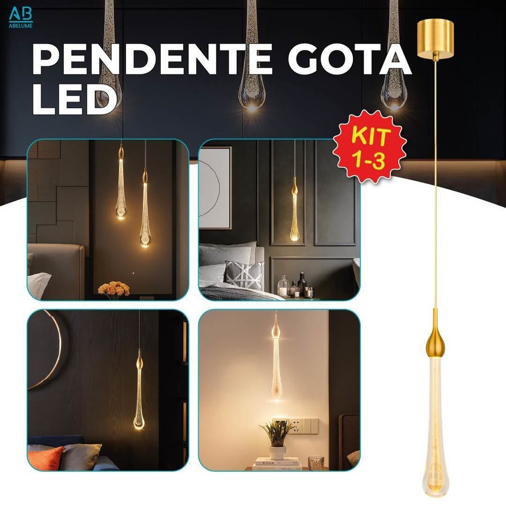 Luminária Lustre Pendente Led Gota Slim Dourado Luz Quente 110V-220V Bivolt