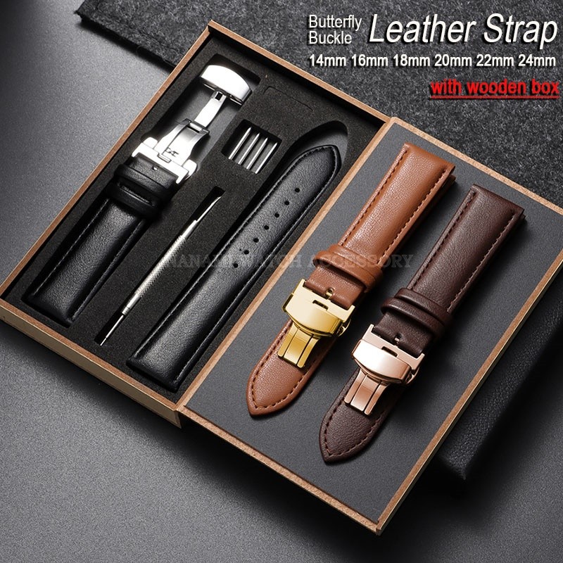 Pulseira De Relógio De Couro Genuíno Com Caixa De Madeira 14mm 16mm 18mm 20mm 22mm 24mm Fivela Borboleta Universal De Be em Oferta na Shopee
