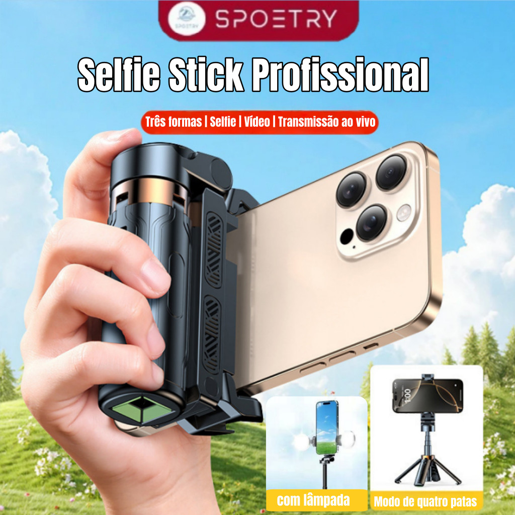 Bastão de Selfie para Lives com Tripé, Controle Remoto e Rotação de 360° - Profissional com lâmpada