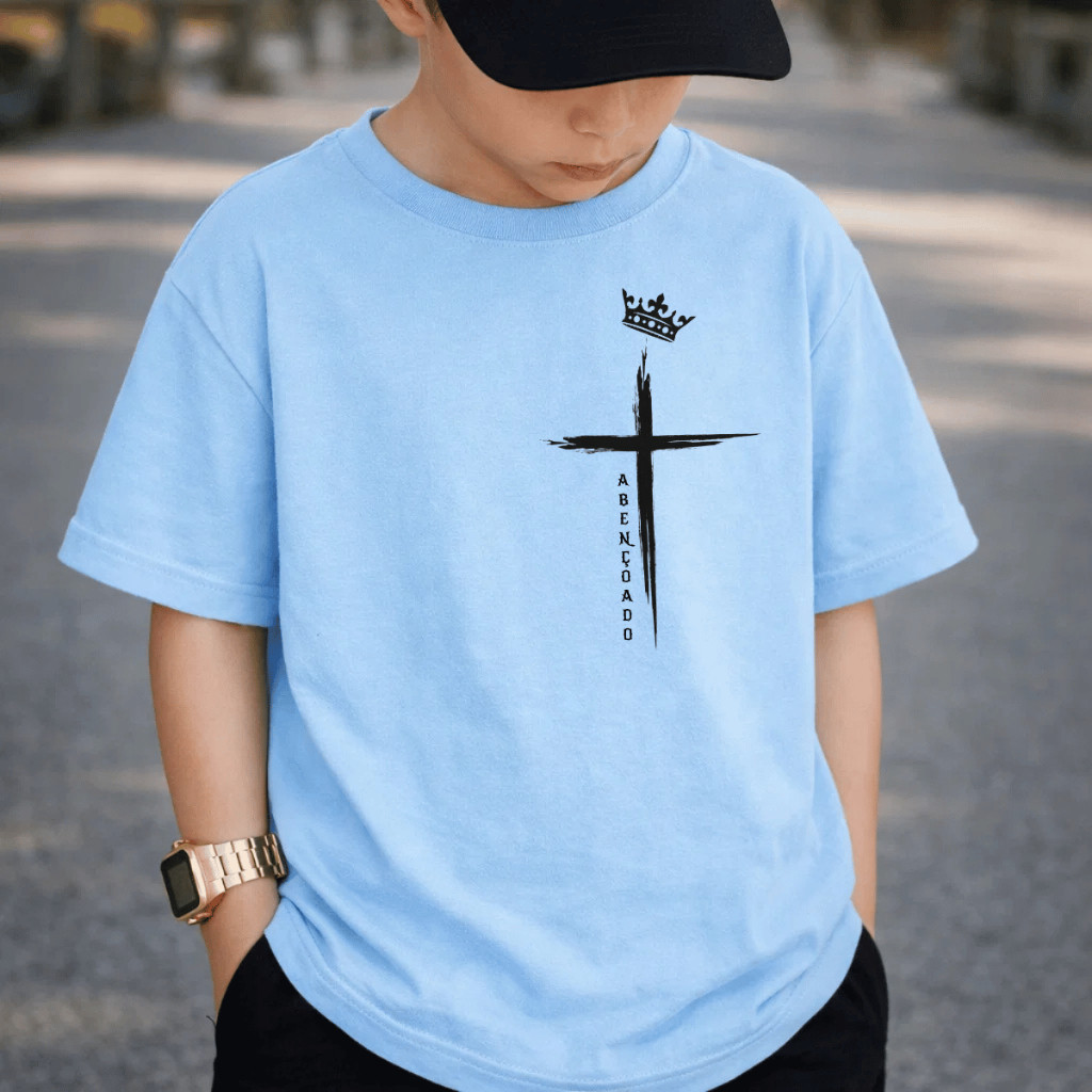 Camiseta Infantil Juvenil Camisa 100% Algodão Premium Criança Personalizada Unissex Camisa Cruz Abençoado