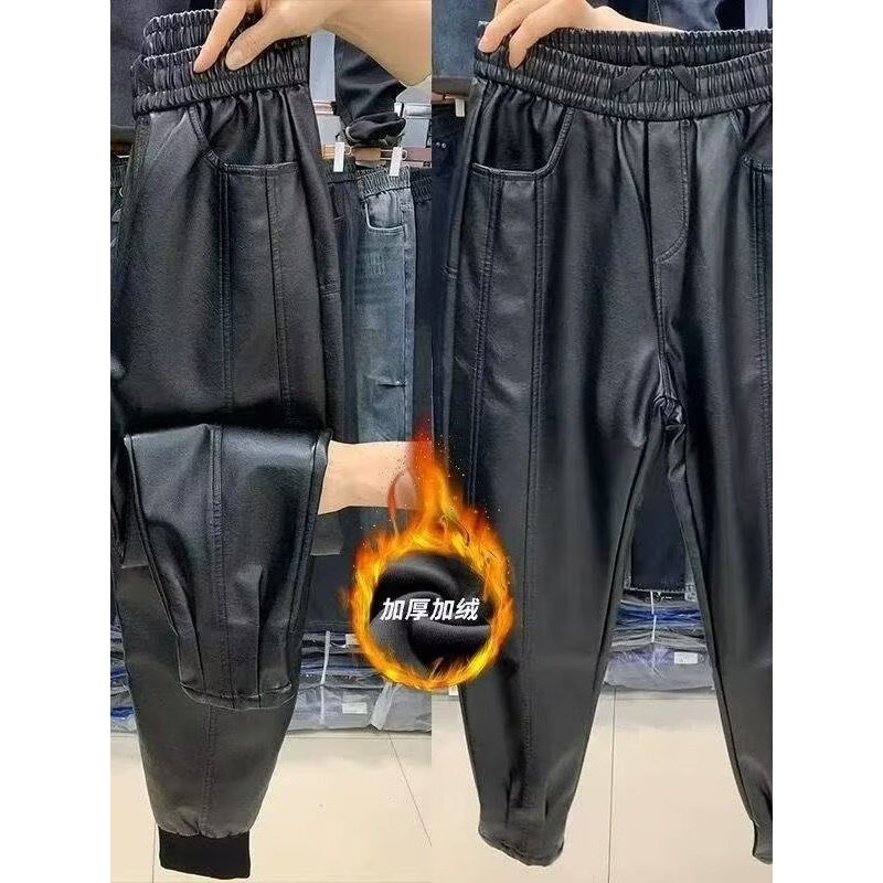 Forro de lã engrossado calças de couro masculino cavaleiro Takeaway calças magras outono inverno motocicleta à prova de
