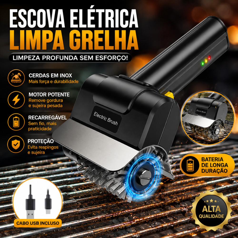 Escova Elétrica Limpa Churrasqueira Grill Grelha Cerdas Aço Inox Recarregável USB