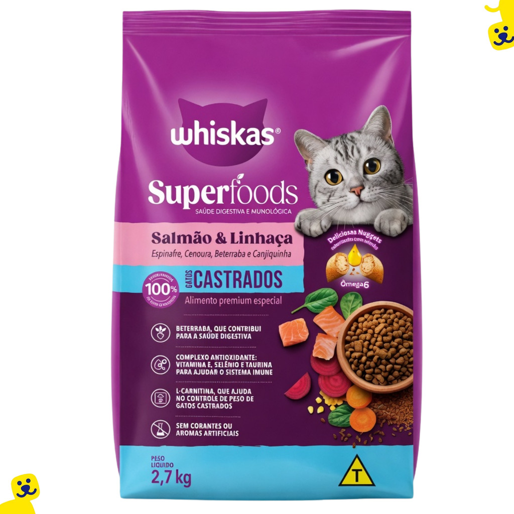 Ração Gato Castrado Ração Whiskas Superfoods 2,7Kg Ração Gato Salmão Linhaça Whiskas Gato Adulto