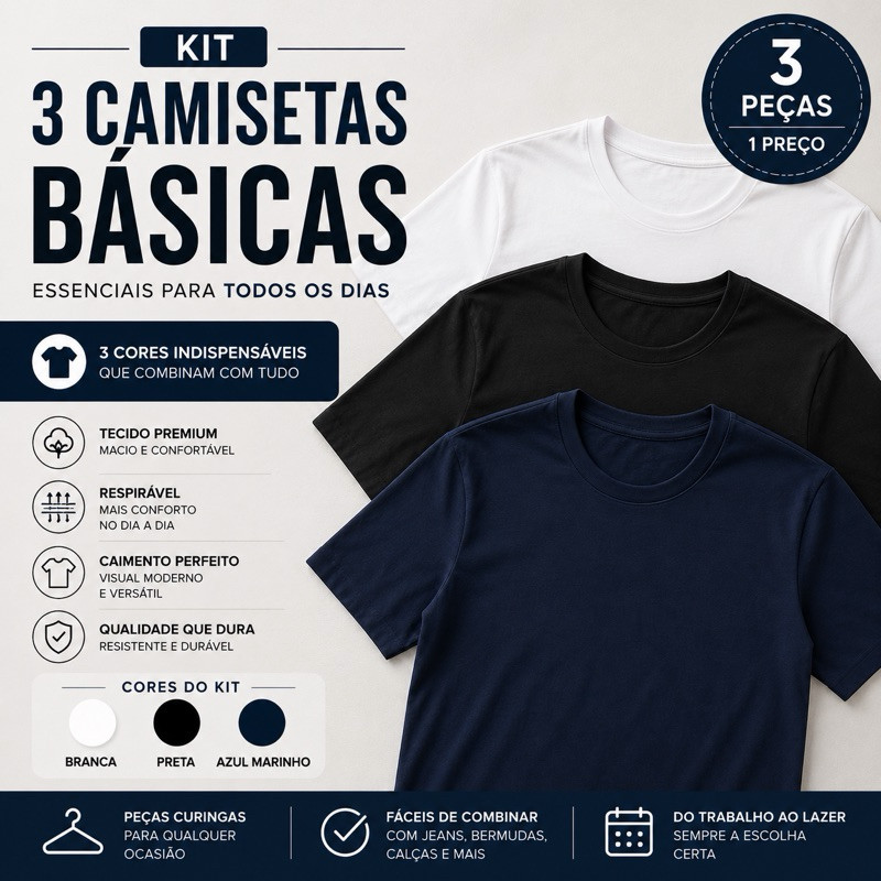 Kit 3 Camisetas Básicas Masculinas Premium Branca Preta Azul Marinho Confortável Casual Algodão PA