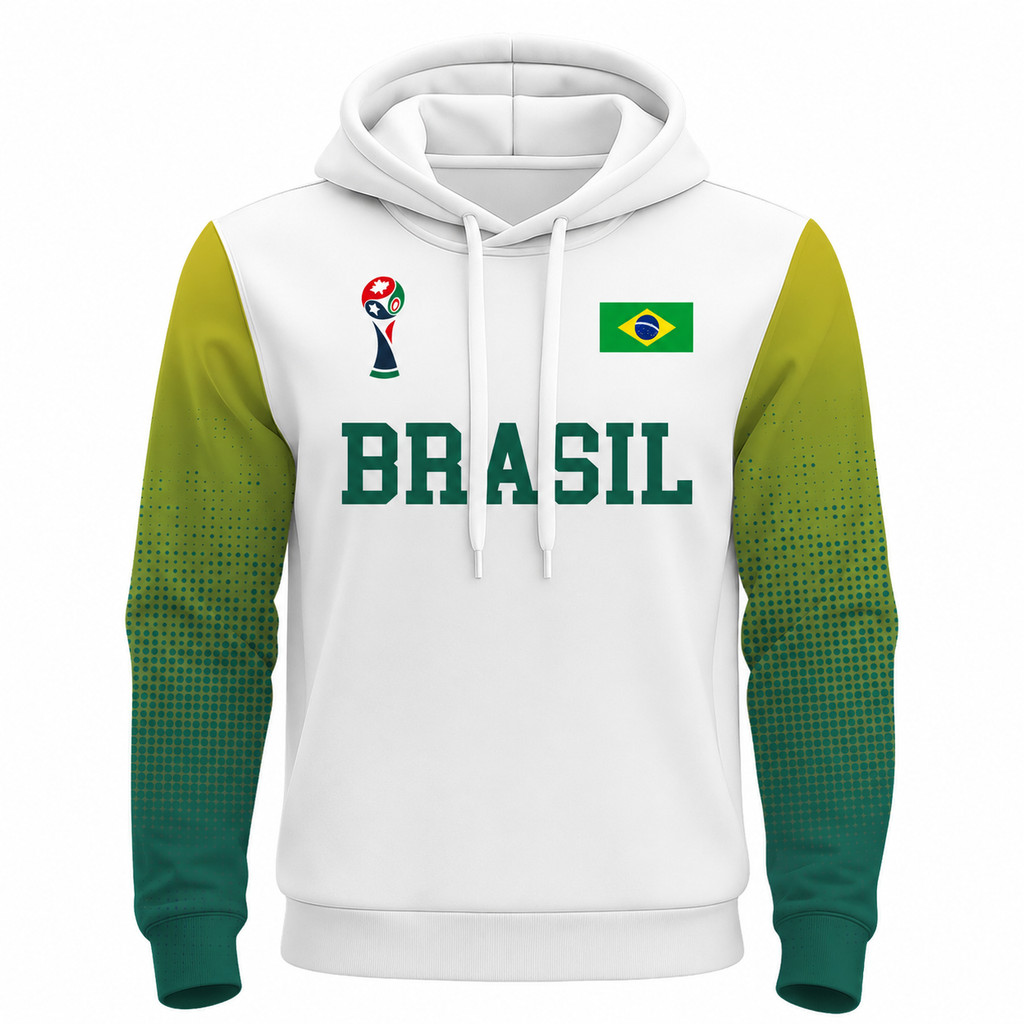 Moletom 3D Blusa De Frio Tecido Poliéster Time Futebol Copa Brasil Jogo Mundial Verde e Branco Masculino Jogar