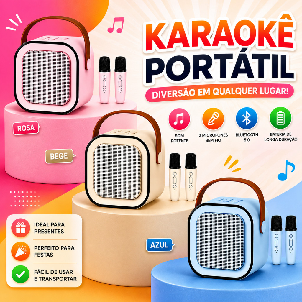 Mini Caixa Som Karaoke Infantil 2 Microfones Bluetooth - Brinquedo Musical Crianca Recarregavel