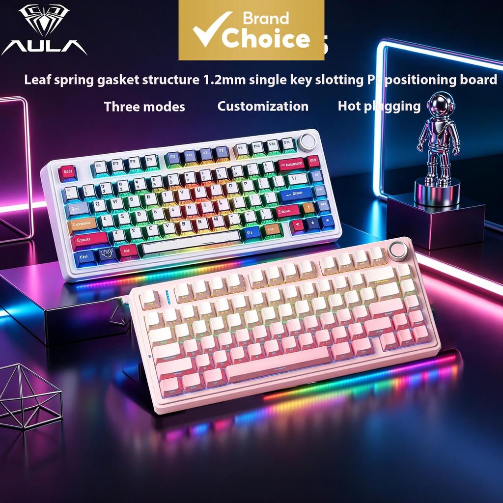 Teclados AULA F75 com Teclado Mecânico Gamer Sem Fio RGB, Layout Personalizado 75%, Montagem em Gaxeta com Gravação