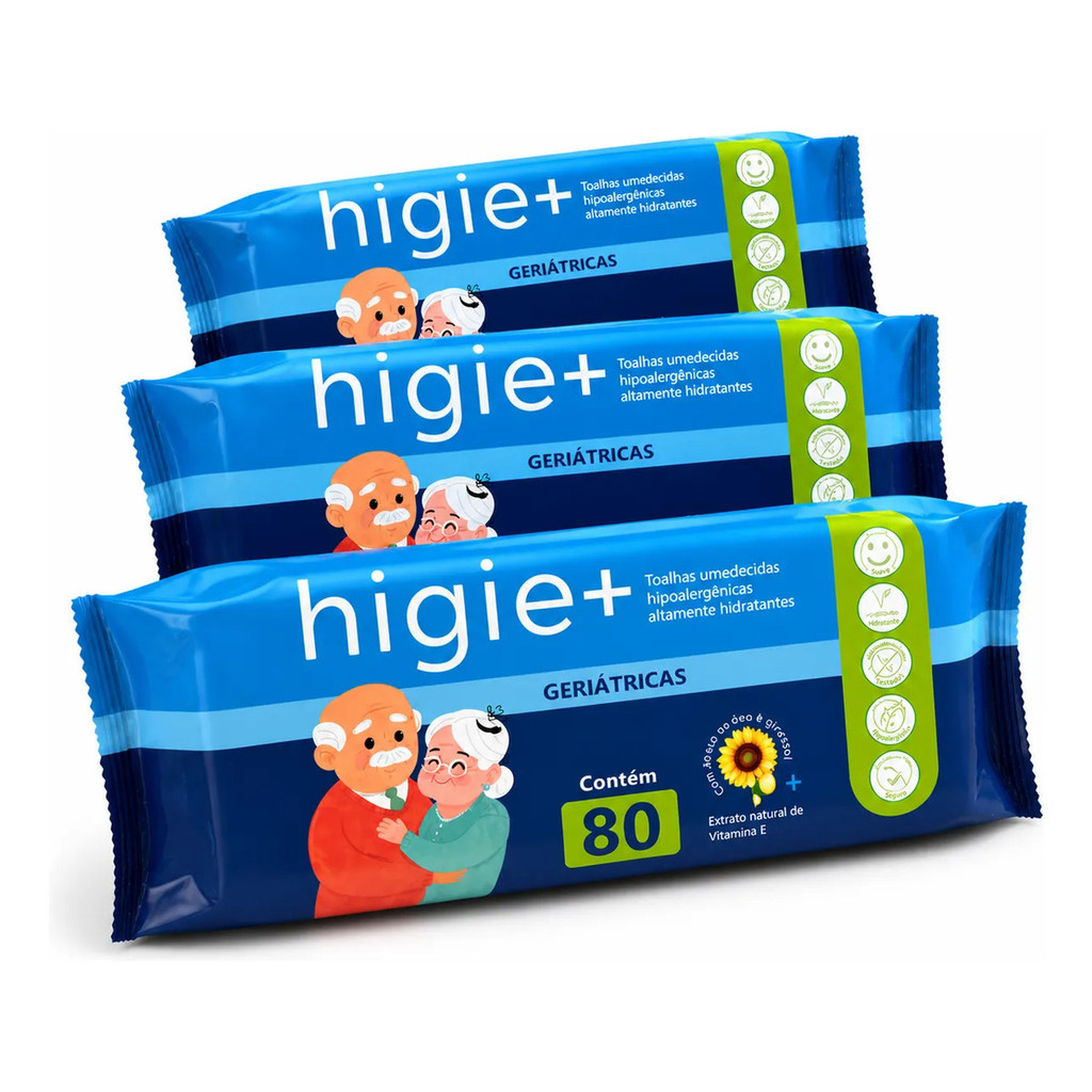 Kit 3 Pacotes Lenços Umedecidos Geriátricos Higie+ - 80 Folhas 20x23cm Toalhas Umedecidas Geriátricas Óleo de Girassol