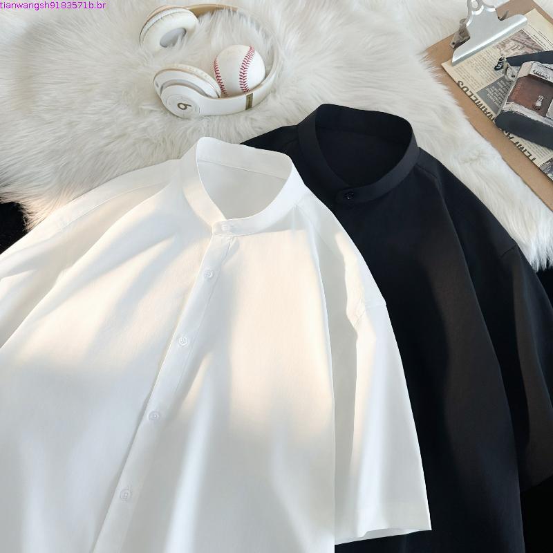 Cor sólida simples csa de manga curta masculina na moda nova chinesa gola alta csa solta verão fino Casual meia ma