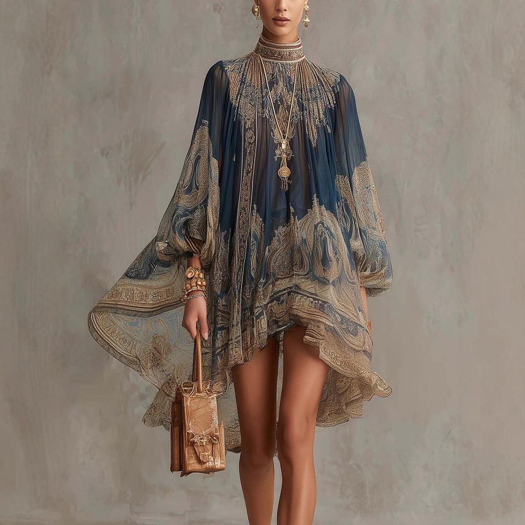 Vestido de Chiffon feminino europeu americano novo estilo, tecido estampado combinando com gola alta estilo xale mangas