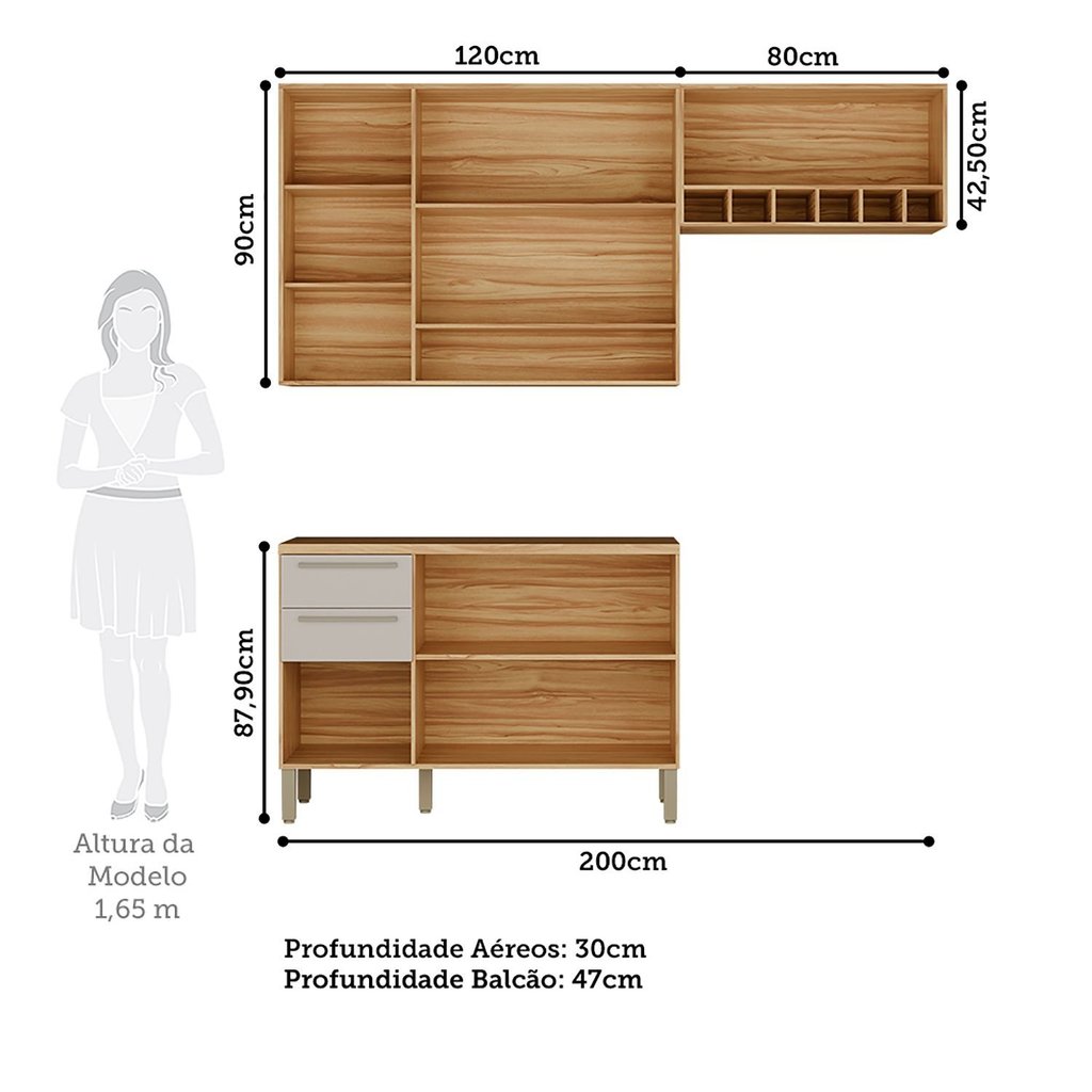Armário de Cozinha Compacta Modulada 3 Peças 7 Portas com Tampo e Vidro 100% MDF Itália Espresso Móveis