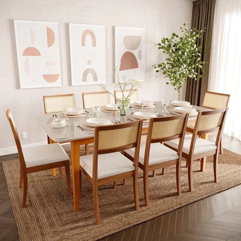 Mesa com 8 Cadeiras Madeira Maciça Tampo MDF e Vidro Tangará Tiê CabeCasa MadeiraOriginals Bege/Cara 210