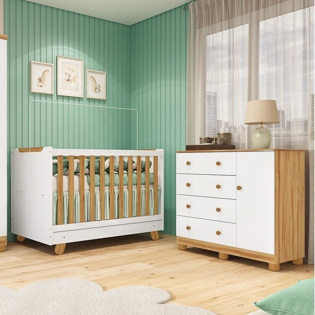 Quarto de Bebê com Cômoda 1 Porta e Berço 4 em 1 Minicama 100% MDF Mike Espresso Móveis Branco/Brilh Branco