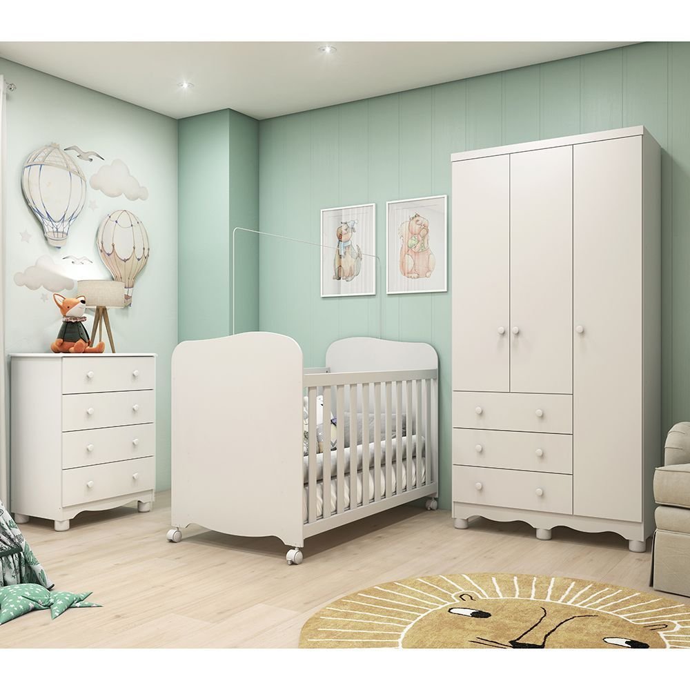 Quarto de Bebê Berço Guarda-Roupa 3 Portas e Cômoda 100% MDF Mimo Espresso Móveis Branco Brilho Branco Brilho