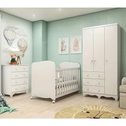Quarto de Bebê Berço Guarda-Roupa 3 Portas e Cômoda 100% MDF Mimo Espresso Móveis Branco Brilho Branco Brilho