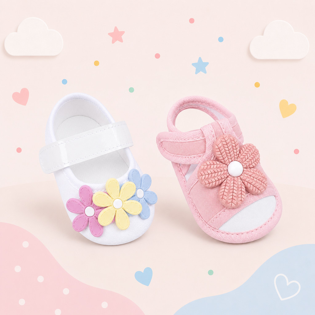 KIT Sapatinho Infantil Bebê Meninas Boneca Tecido Florzinha Delicada Trio Lindo Batizado