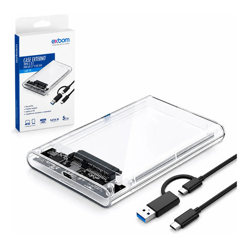 Case Hd Externo Transparente Tipo-c 3.0 Notebook Sata 2.5 Branco