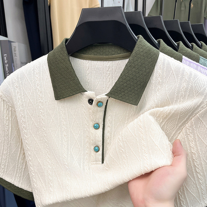 K malha manga curta POLO masculino novo estilo lapela contraste cor Jacquard esmeralda botão confortável fino topo260724