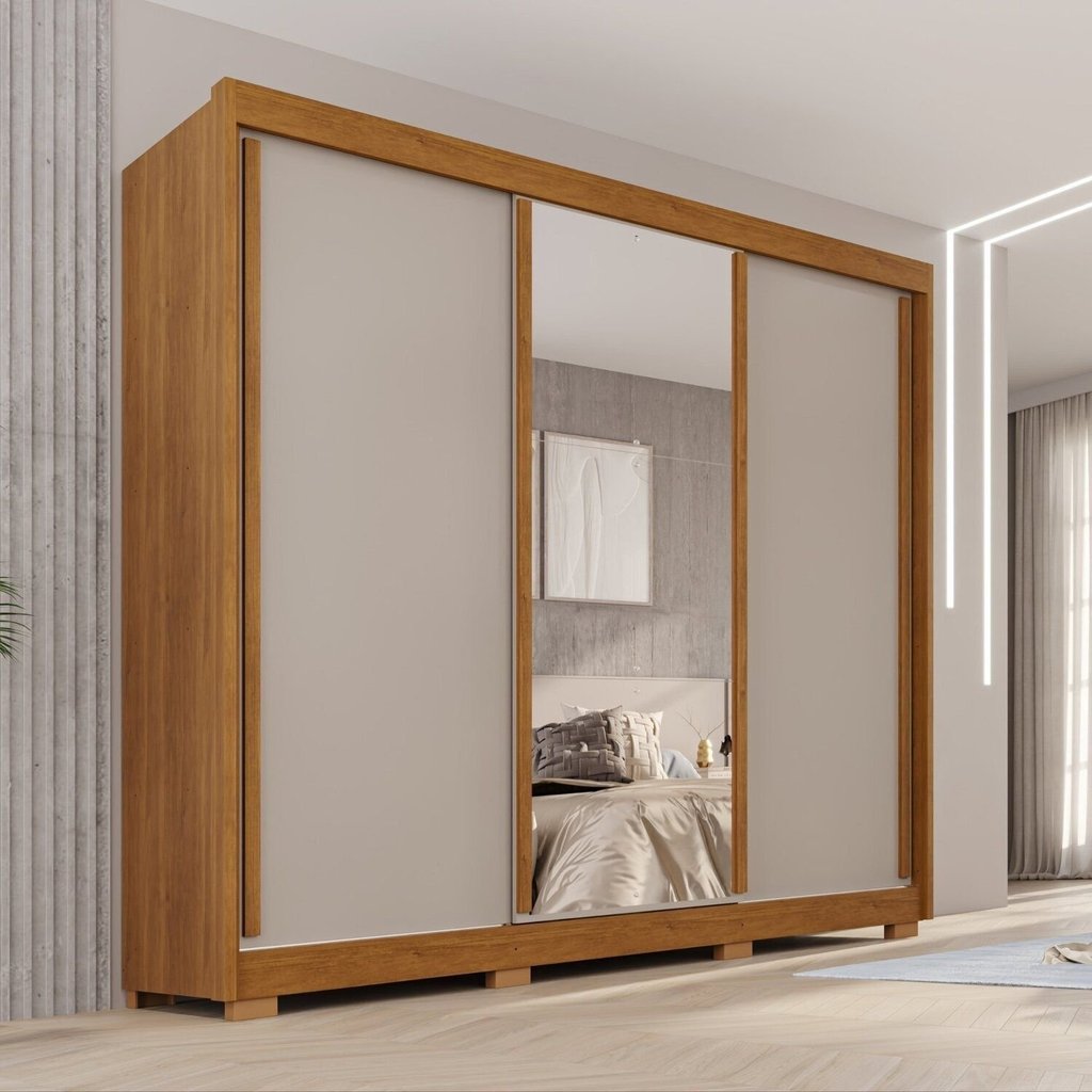 Guarda-Roupa Casal com Pés e Espelho 3 Portas 4 Gavetas 100% MDF Ipanema Off White/Cinamomo Cinamomo/Off White