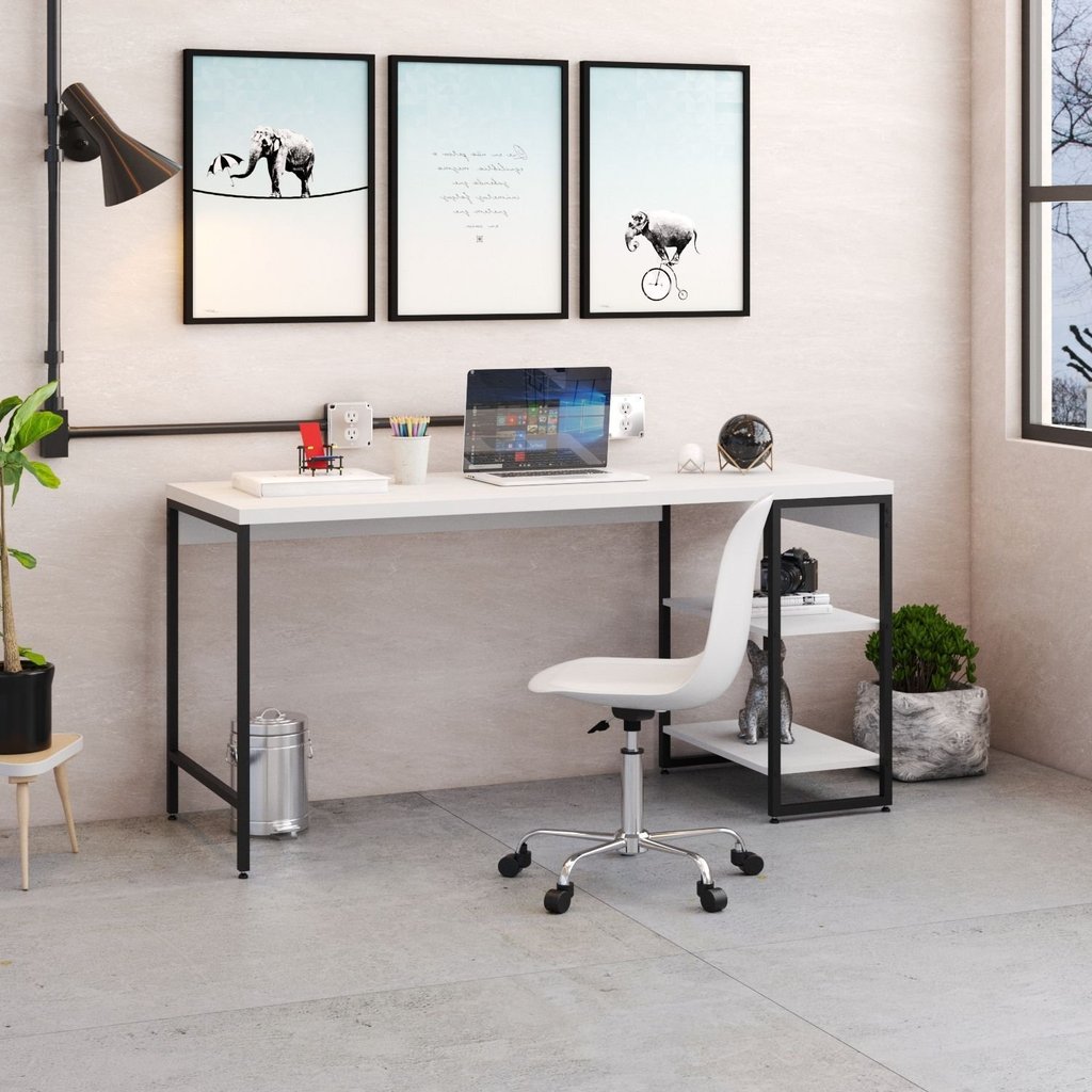 Escrivaninha Mesa Escritório com Estante Baixa Estilo Active 2 Prateleiras 150cm Industrial Yescasa Branca Chess Branco