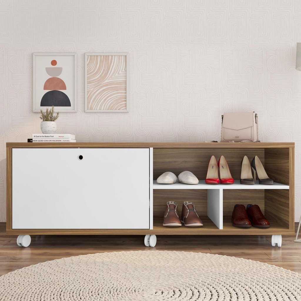 Sapateira Recamier Porta Basculante com Rodízios Estilo Marrom/Mel/Branco