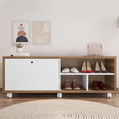 Sapateira Recamier Porta Basculante com Rodízios Estilo Marrom/Mel/Branco