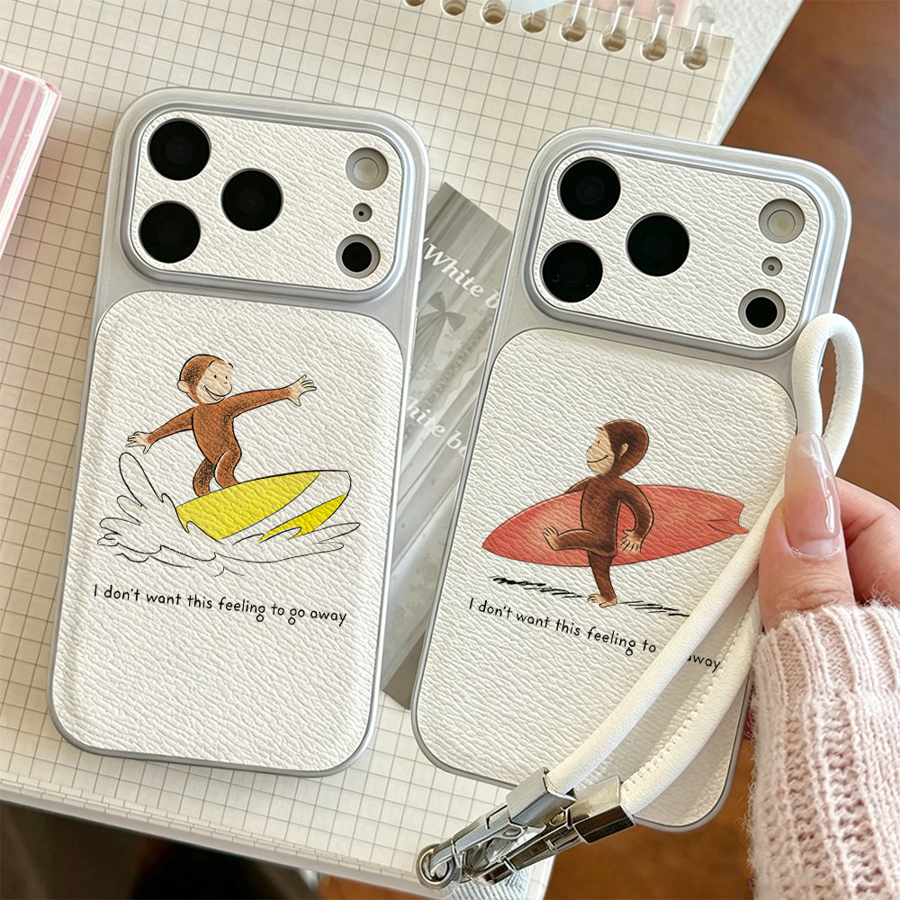 Capa De Telefone Surf monkey George Para iPhone 17/16/Pro Max/15Plus/14/13/12/11/Textura De Couro Revestido Metálico Cob