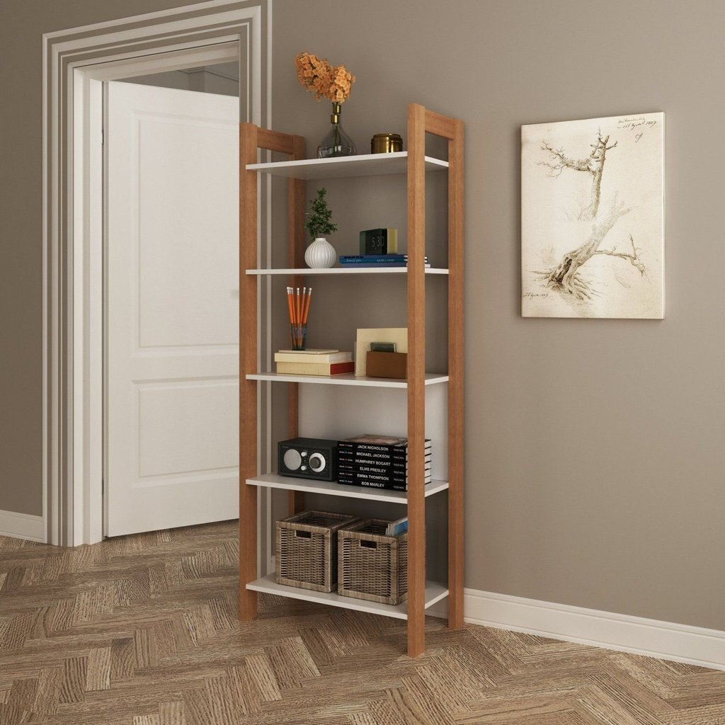 Estante de Livros 65CMX165,5cm 5 Prateleiras Az Branco/Amêndoa Amêndoa/Branco