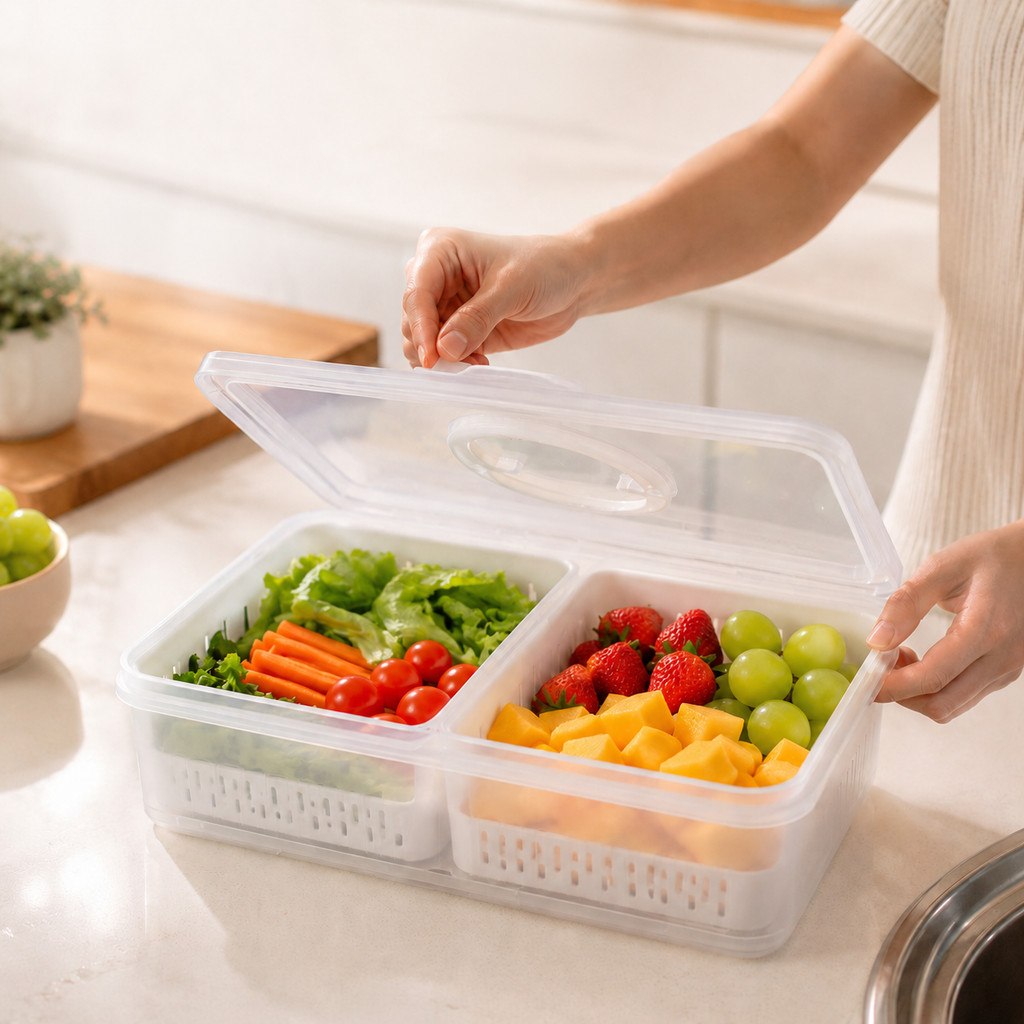Recipiente Organizador Geladeira Escorredor Tampa Articulada Transparente Frutas Verduras