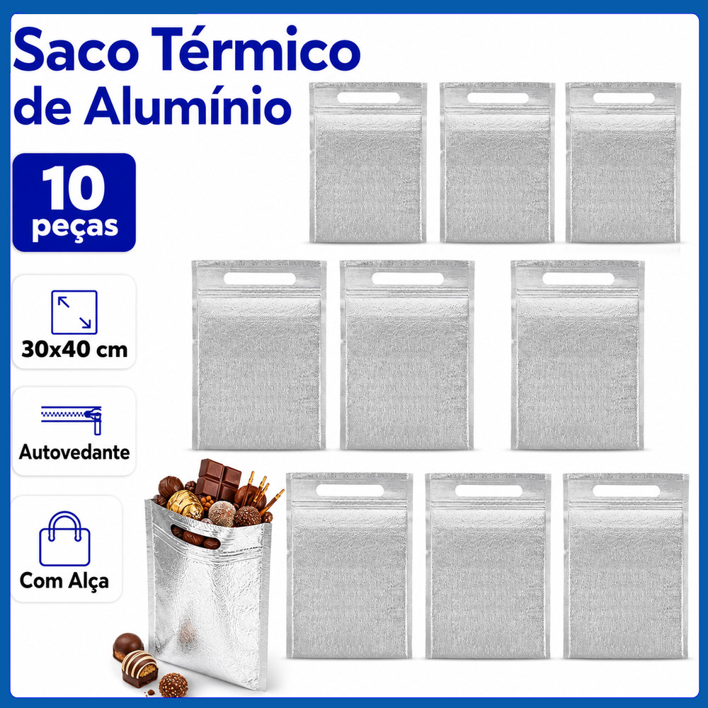Kit 10 Bolsas de Alumínio Térmicas 30x40cm para Alimentos, Bebidas, Esporte, Acampamento e Lazer