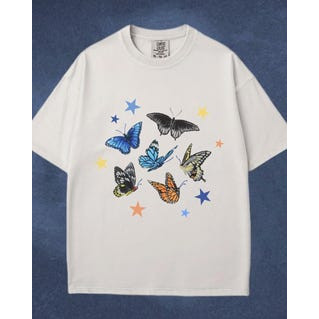 Camiseta Feminina Estampa de Borboletas e Estrelas Confortável Linda Estilosa Moda Feminina Casual