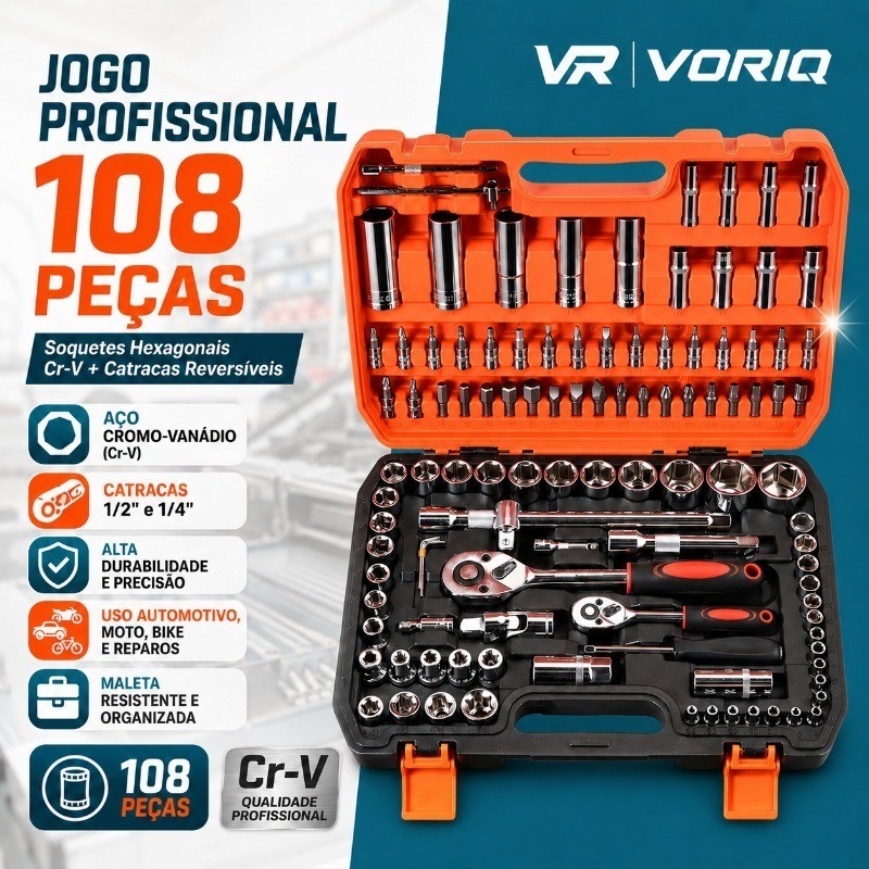 Jogo De Ferramentas Soquete CRV 108 Peças Sextavado Catraca Chave Reversível Maleta Multi-função Profissional