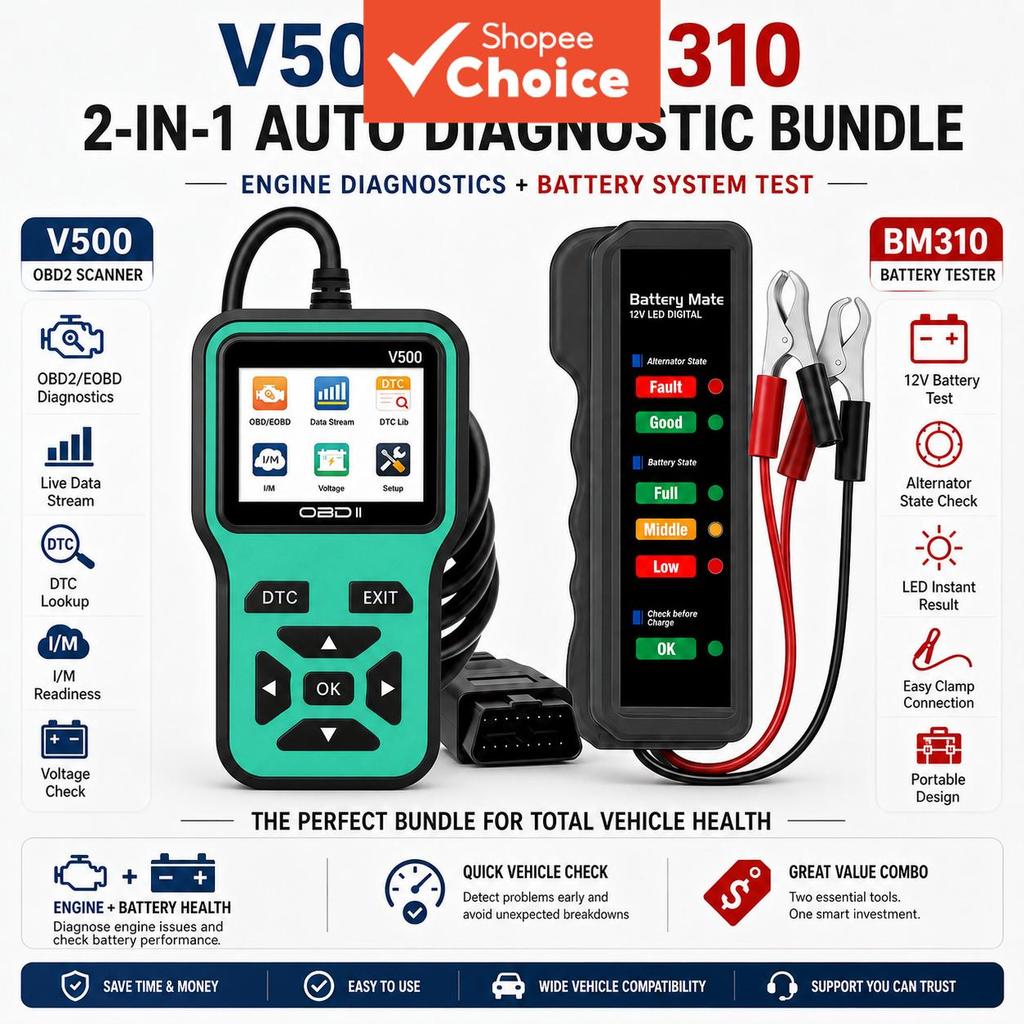 Scanner Obd2 E Kit De Testador De Bateria De 12v , 2 Peças De Borracha De Leitor De Código De Carro V500 , Ferramenta De