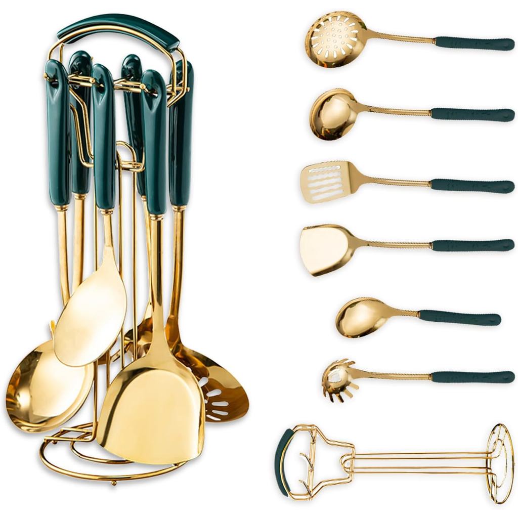 Utensílios de cozinha dourados, conjunto de utensílios de cozinha de 7 peças, conjunto de ferramentas de cozinha com Rac