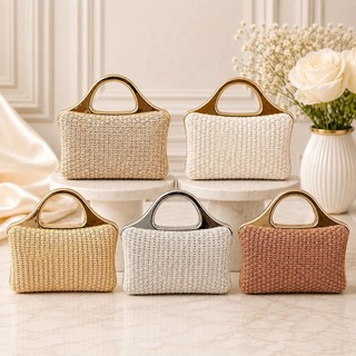 Bolsa Feminina de Festa Clutch em Palha Trançada Luxo com Alça de Mão Metal Dourado para Casamento e Formatura Festas