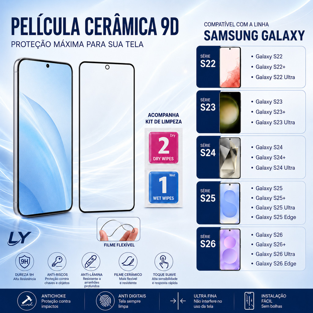 Película Cerâmica 9D Flexível para Samsung S22 S23 S24 S25 S26 Plus Ultra Edge FE