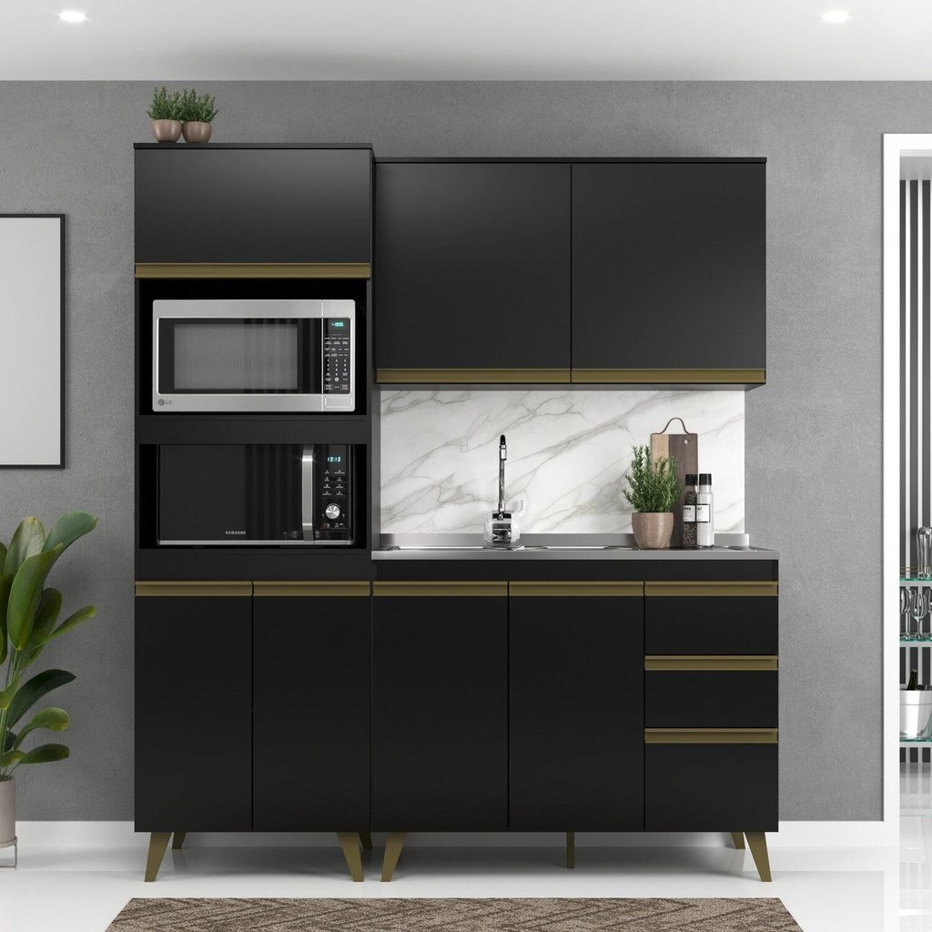 Cozinha Modulada Compacta Ema 3 Peças 7 Portas 3 Gavetas com Torre Quente Yescasa Preto 7 Portas