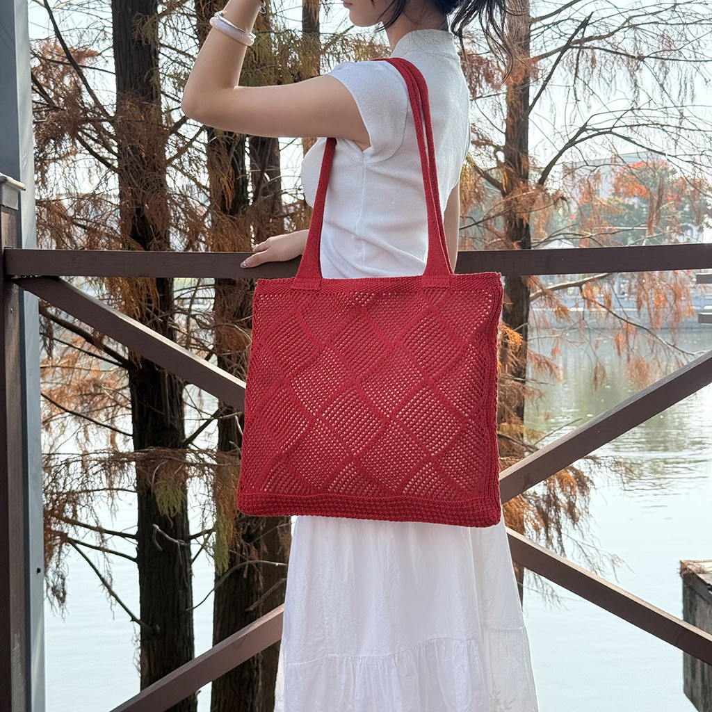 [Estoque pronto] Novo estilo de moda bolsa de malha All-Match oco bolsa de praia bolsa de grande capacidade de mal