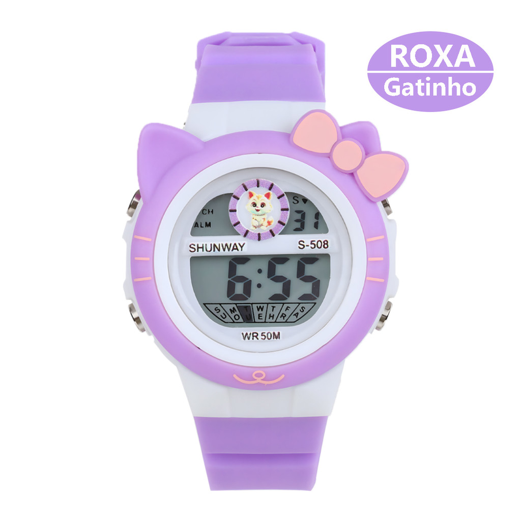 Relógio Infantil Roxo Gatinho com LED