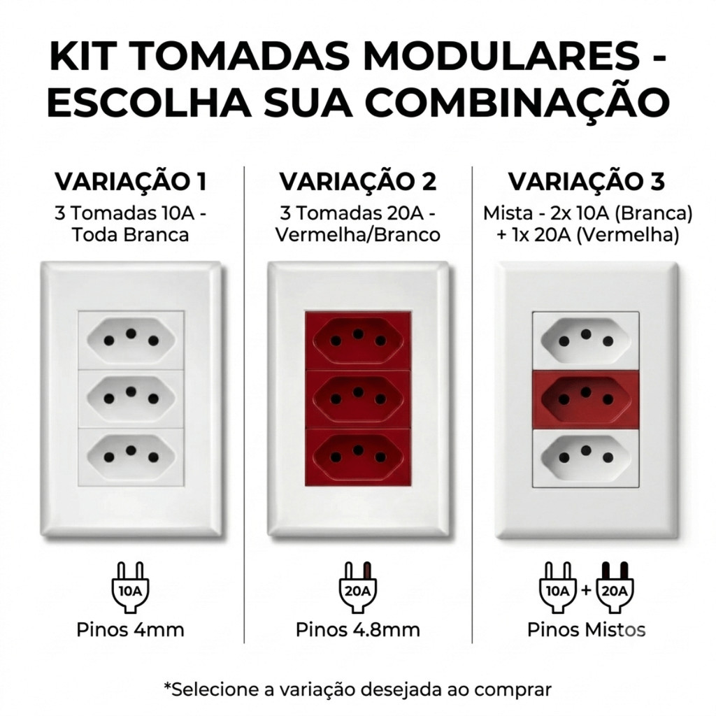 Tomada Tripla 10A 20A Monobloco Branco Bivolt Módulo + Espelho 2p+t 3 pinos 4X2 110V 250V