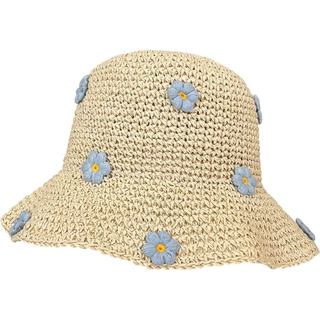 Chapéu de Palha Feminino Azul com Flores, Estilo Doce e Fofo, Chapéu de Praia Bege para o Verão, Chapéu de Pescador Resp