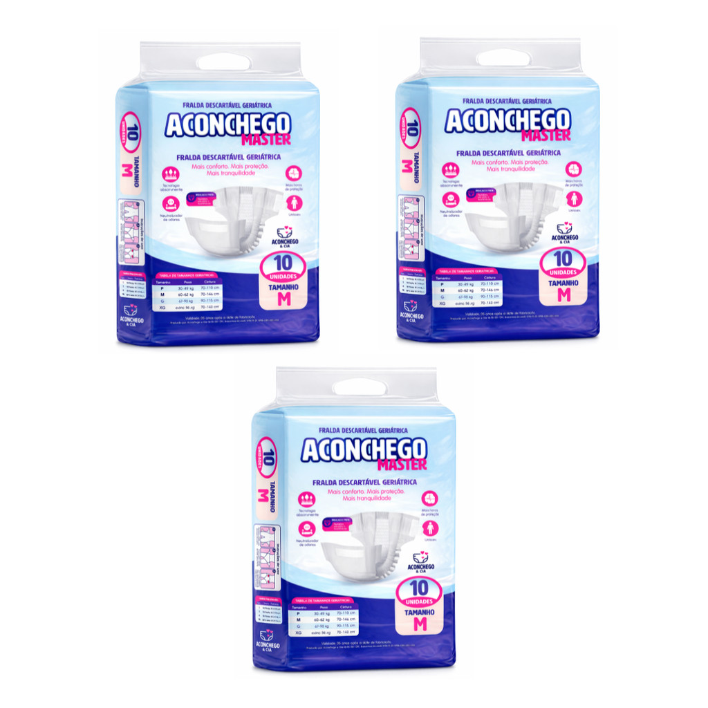 Fralda geriátrica Adulta Aconchego Master Tamanho M – Kit 03 pacotes (Total 30 fraldas) – Conforto e economia