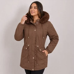 Casaco Feminino Parka Forrada Pelinho Capuz com Bolsinho Inverno