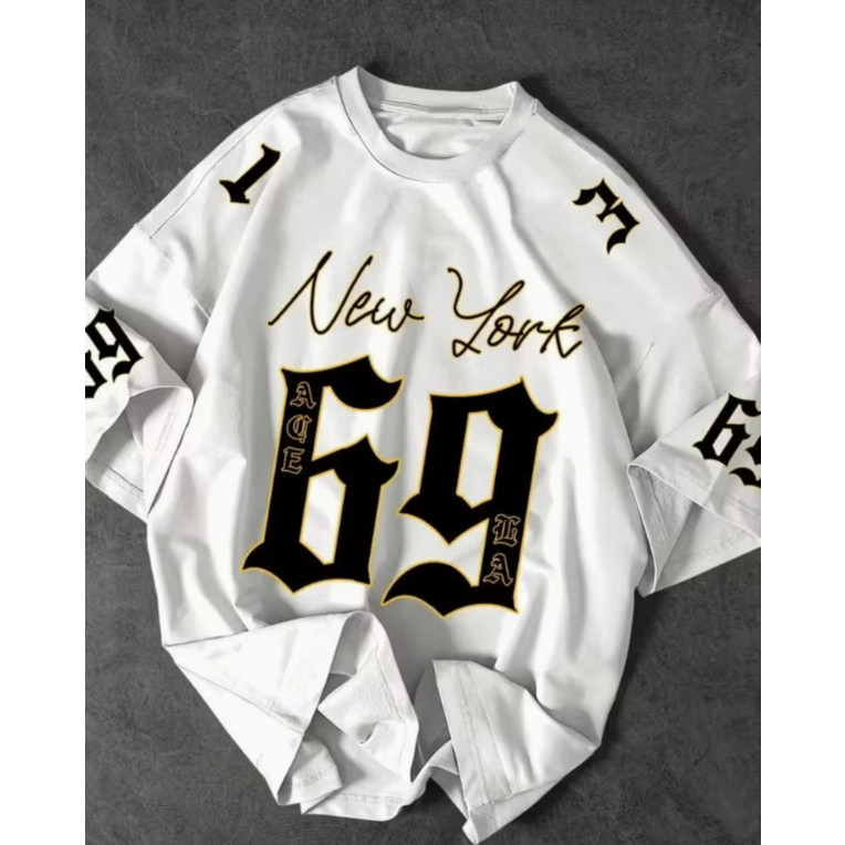 Camiseta Oversized Streetwear Unissex Blusa Estampada New York 69 Moda Swag Urbana Camiseta Masculina Feminina